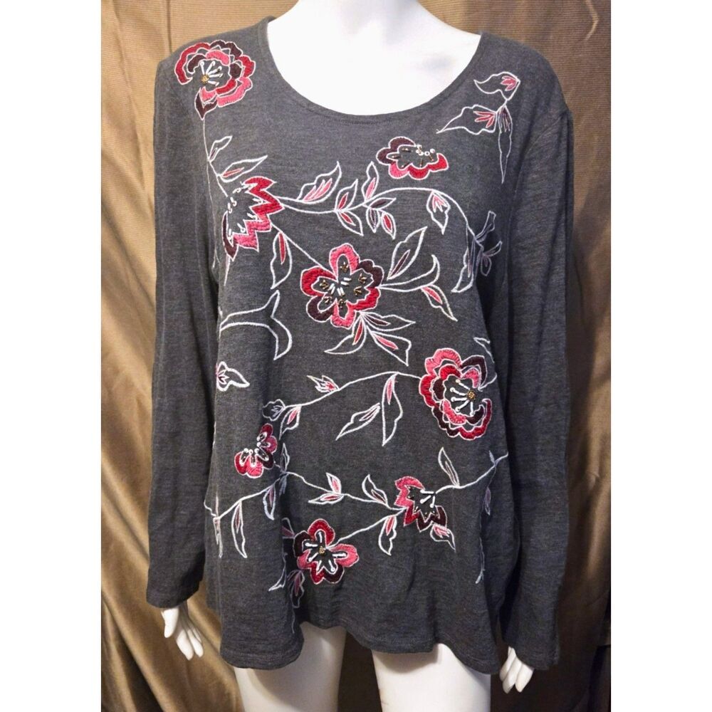 Chico's Long Sleeved Floral Beaded Embroidered Tee - Size 2 or M